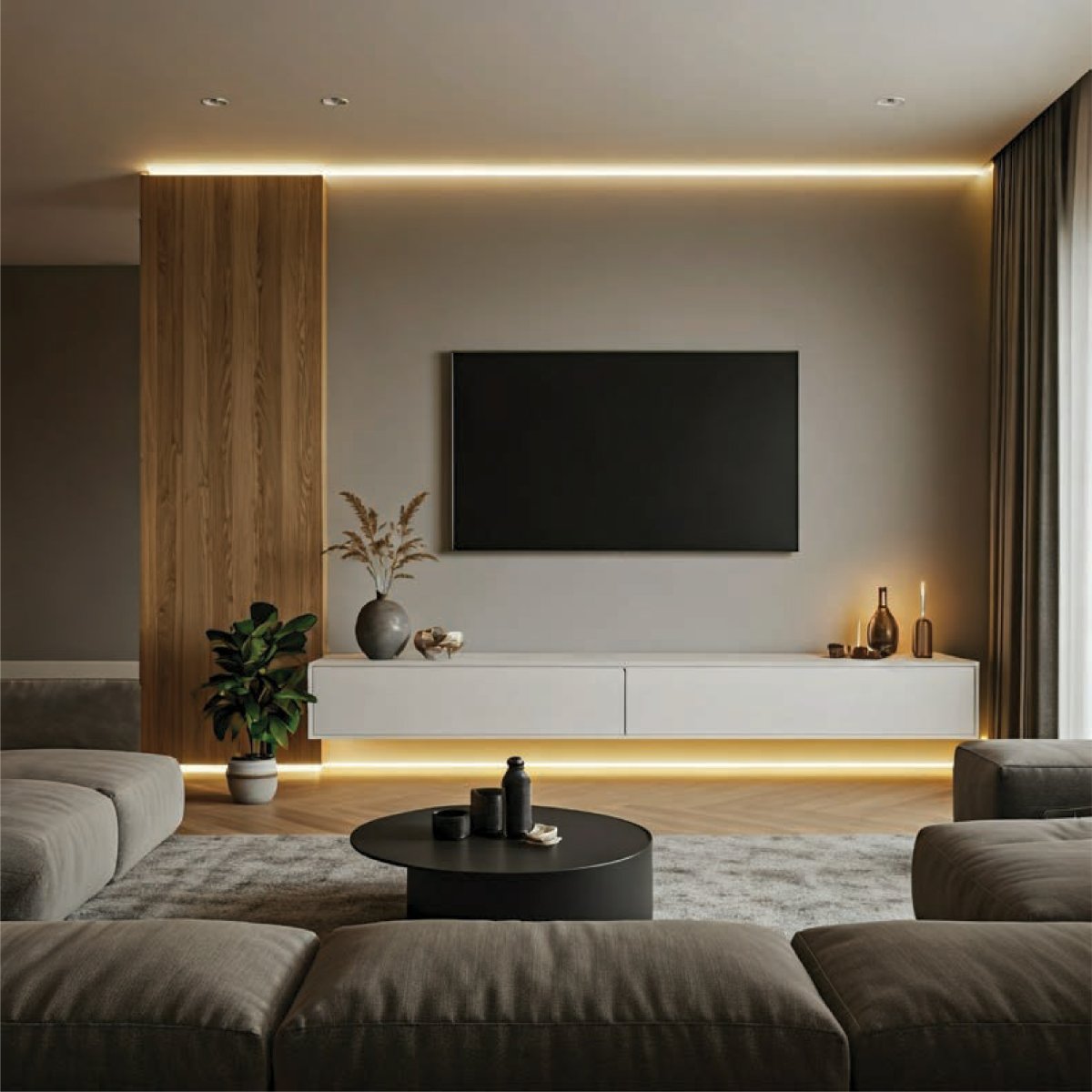 Nocturne House — media wall in walnut